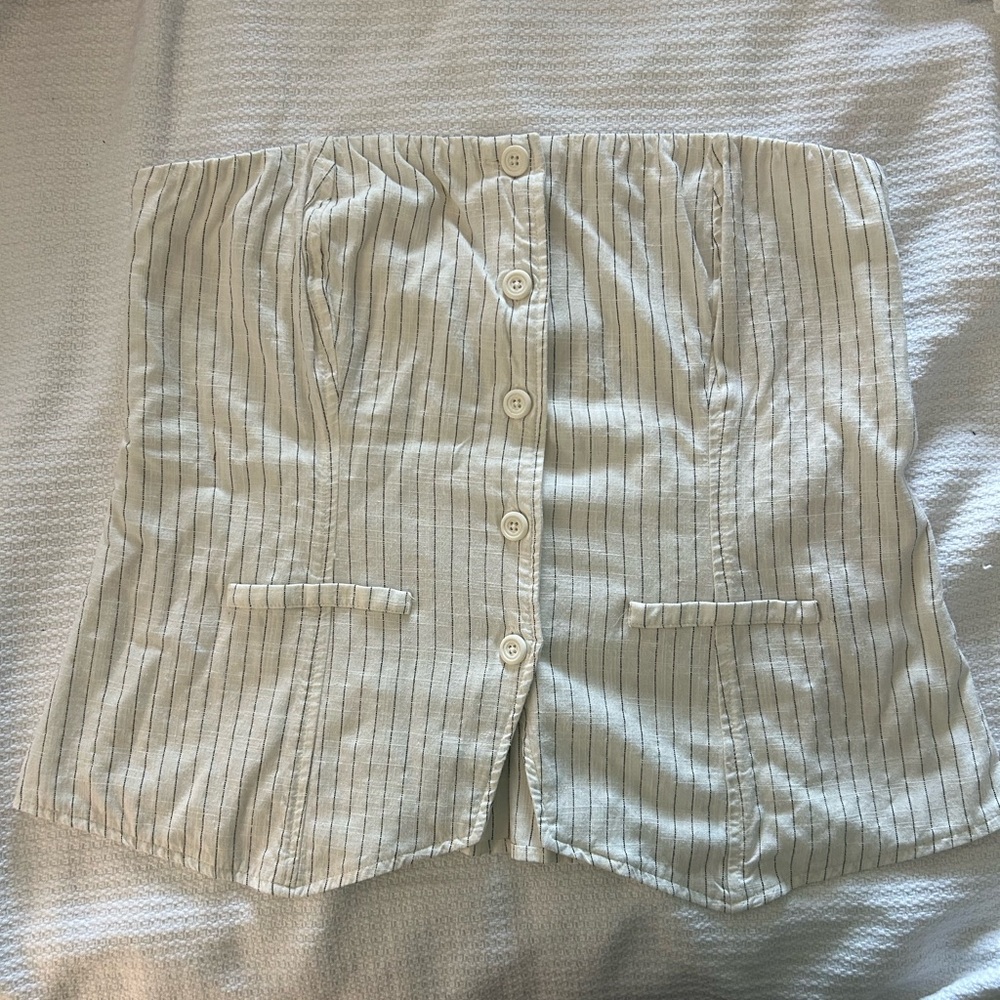 Women’s Linen Pin Striped Button-Down Tube Top - Linen - Suiting - Off White